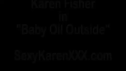 BBW MILF Karen Fisher out side, oiled up and fingering pussy!