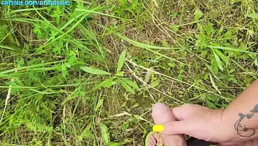 Stepmom holds stepson's cock while he pees in nature