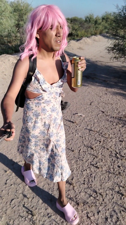 Beautiful little femboy walks in public wearing very hot pink dress and sandals | Clip 1