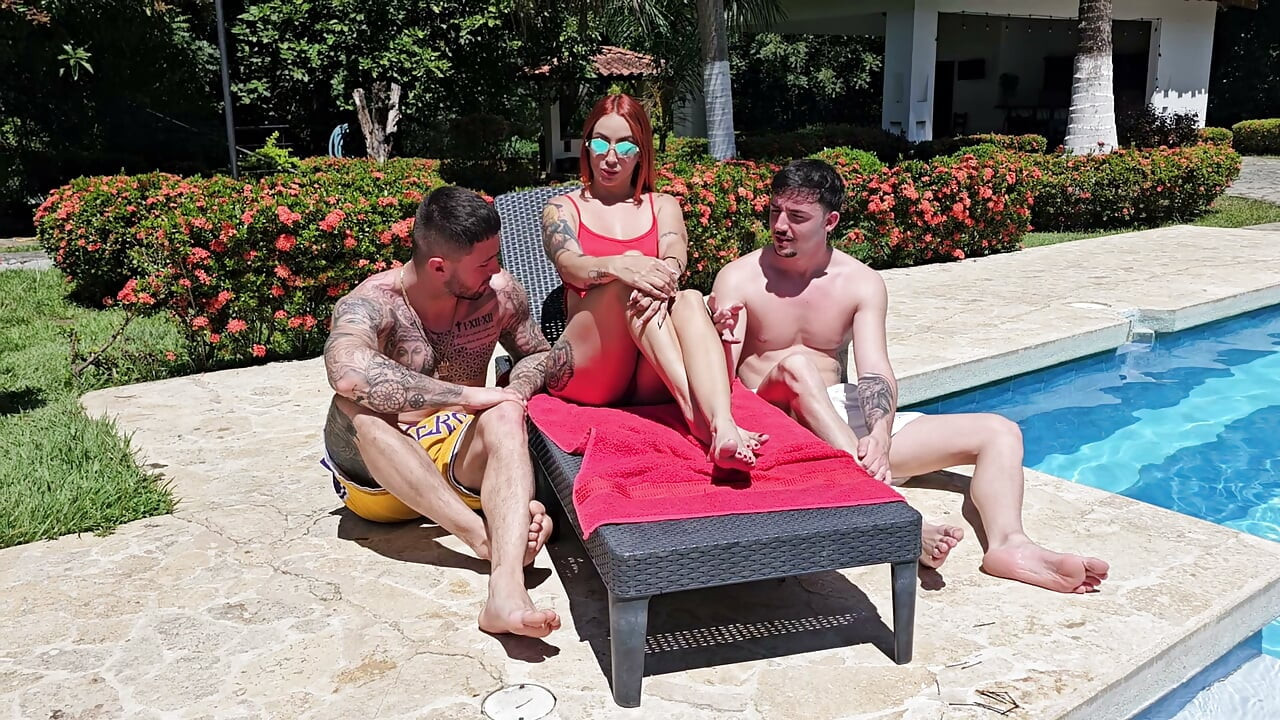 Threesome with the hotest lifeguard, readhead latina with big tits and ass - Andrea Castro