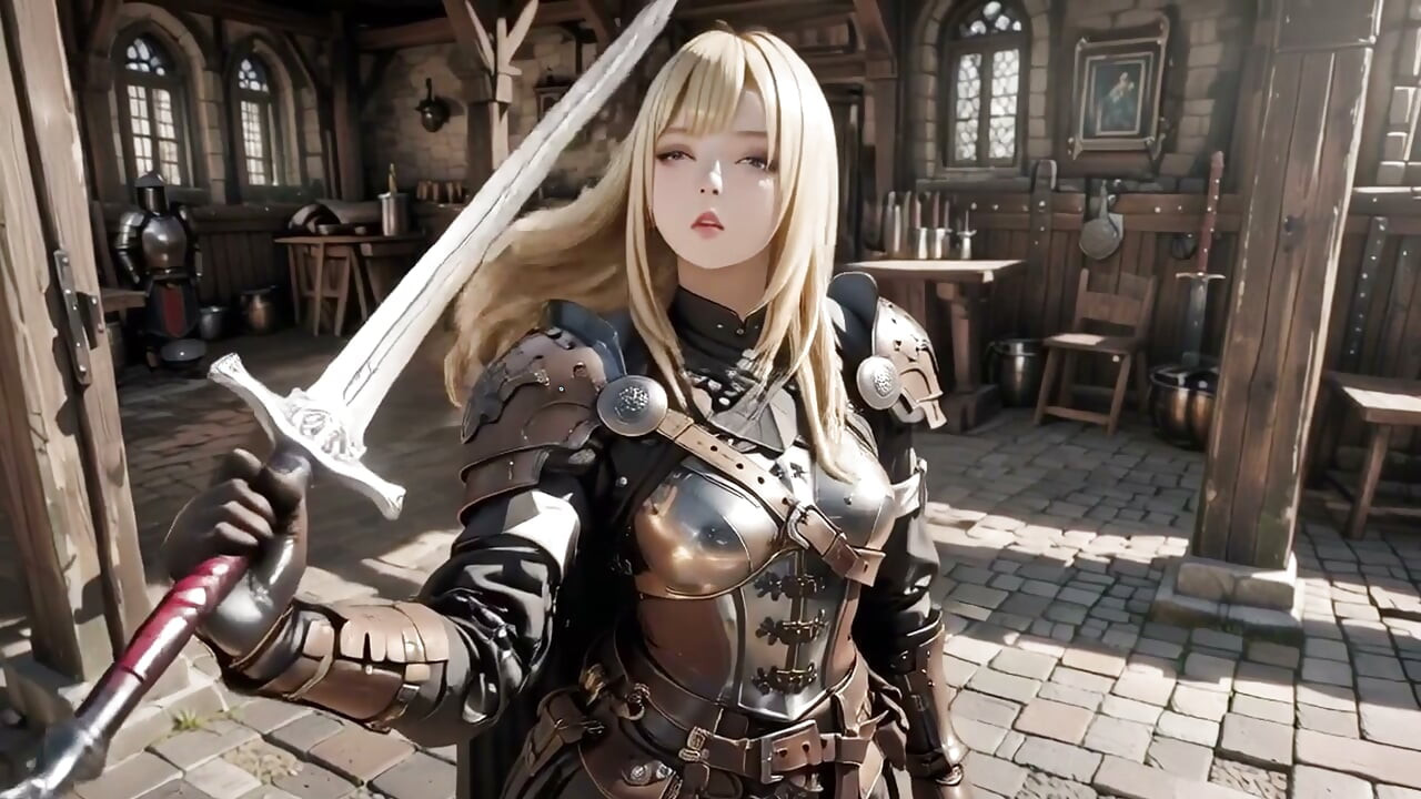 Blonde Knight's Private Awakening! Kneeling in the castle courtyard.
