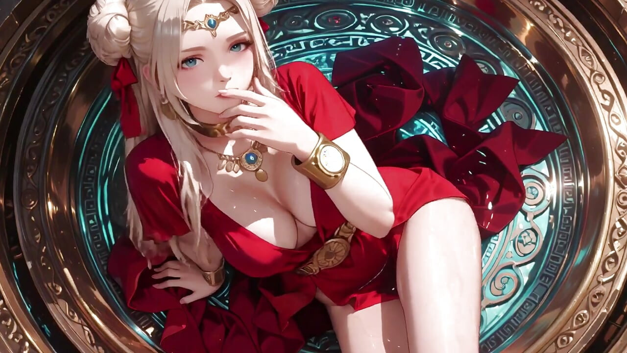 Blonde Goddess in Red! Forbidden Gaze in the Ancient Corridor, Deep V & High Slit teasing you.