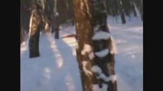 My girlfriend naked in winter forest