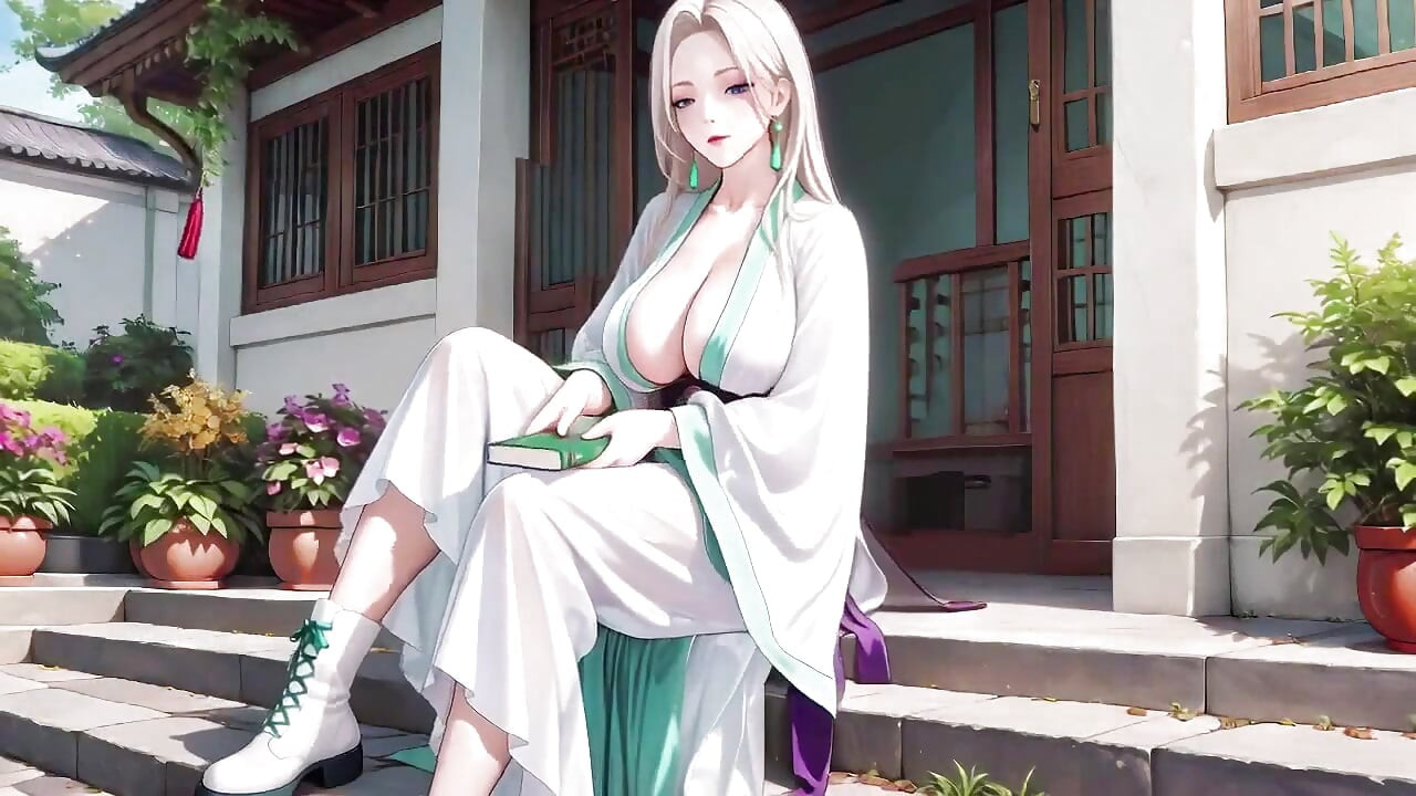 White Kimono Maid! Kneeling in the Japanese Corridor, High Slit Revealing Wet Thighs Under the Sun.