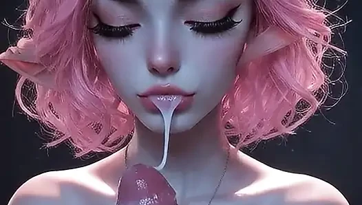 Peri AI berambut merah muda memberikan blowjob, melakukan titjob, menunggangi gaya cowgirl, dan berakhir dengan air mani yang menetes dari mulutnya