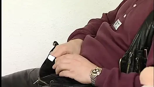 Blonde babe sucks a big dildo then gets it into her tattooed pussy
