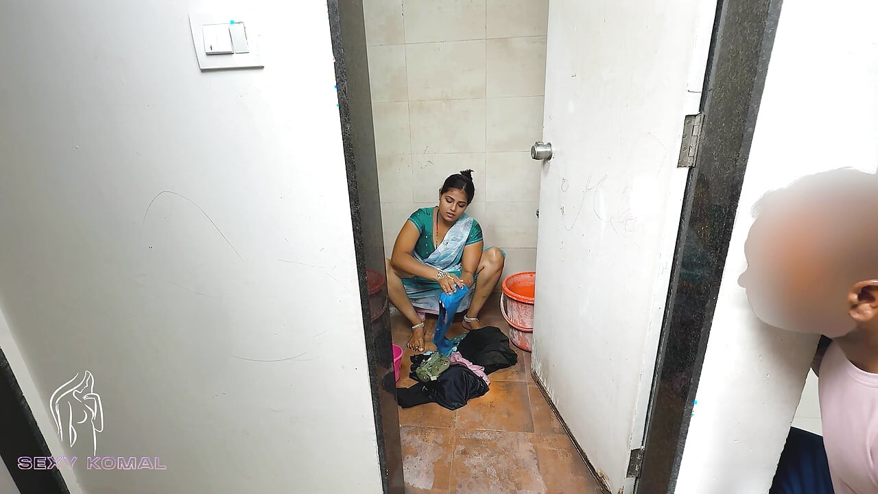 Komal was secretly shaking the land at the sight of her breasts doing the bathroom laundry.