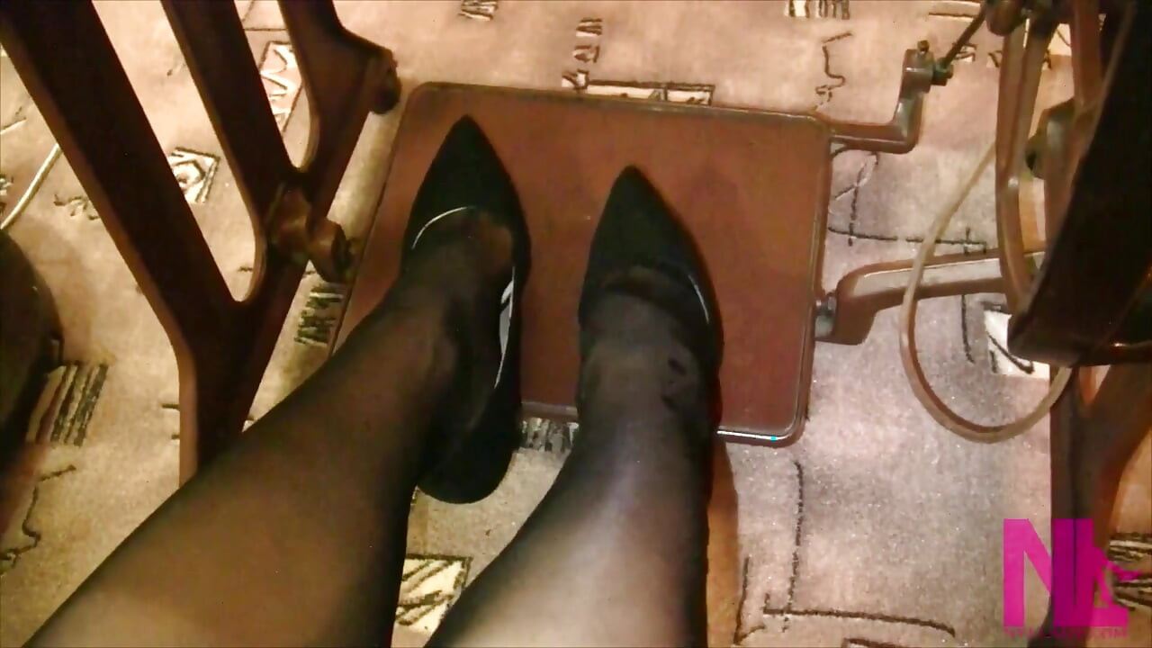Vintage_sewing on My Granny's Old Sewing Machine in Black Pantyhose and Suede Louboutins