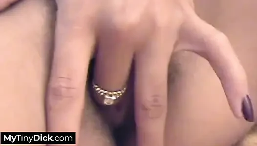 A cute skinny babe getting excited by his tiny dick