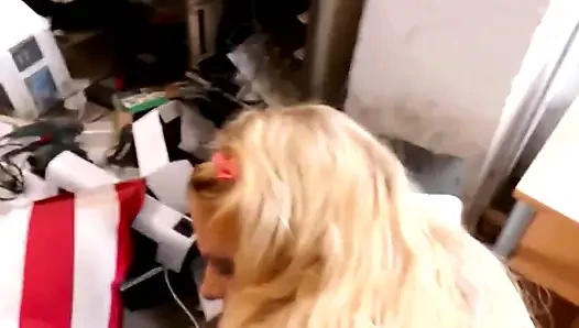 Sexy Blonde with Big Tits with Tattoo Gets Fucked Hard in the Workshop by a Hard Cock