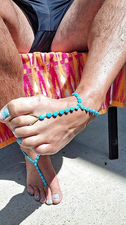 Sitting outside in the sun showing off my barefoot sandals and toes