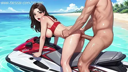 A beautiful woman in a Korean-style comic style, a Korean beauty, on a beautiful seaside motorboat! New style,   AI generated