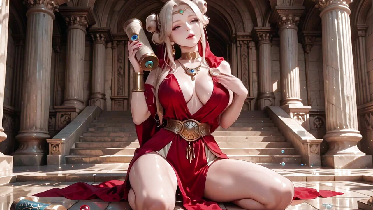 Blonde Goddess in Red! Forbidden Gaze in the Ancient Corridor, Deep V & High Slit teasing you.