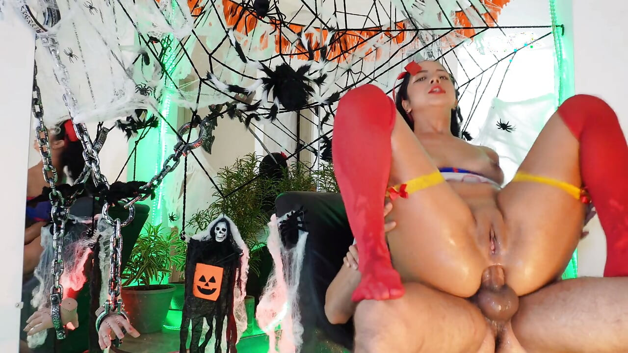 hallowen party gets out of control the queen of anal squirt is fucked y a masked man