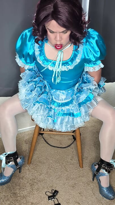 Satin Sissy Maid Riding Her Sex Doll in Chastity and Cuffs