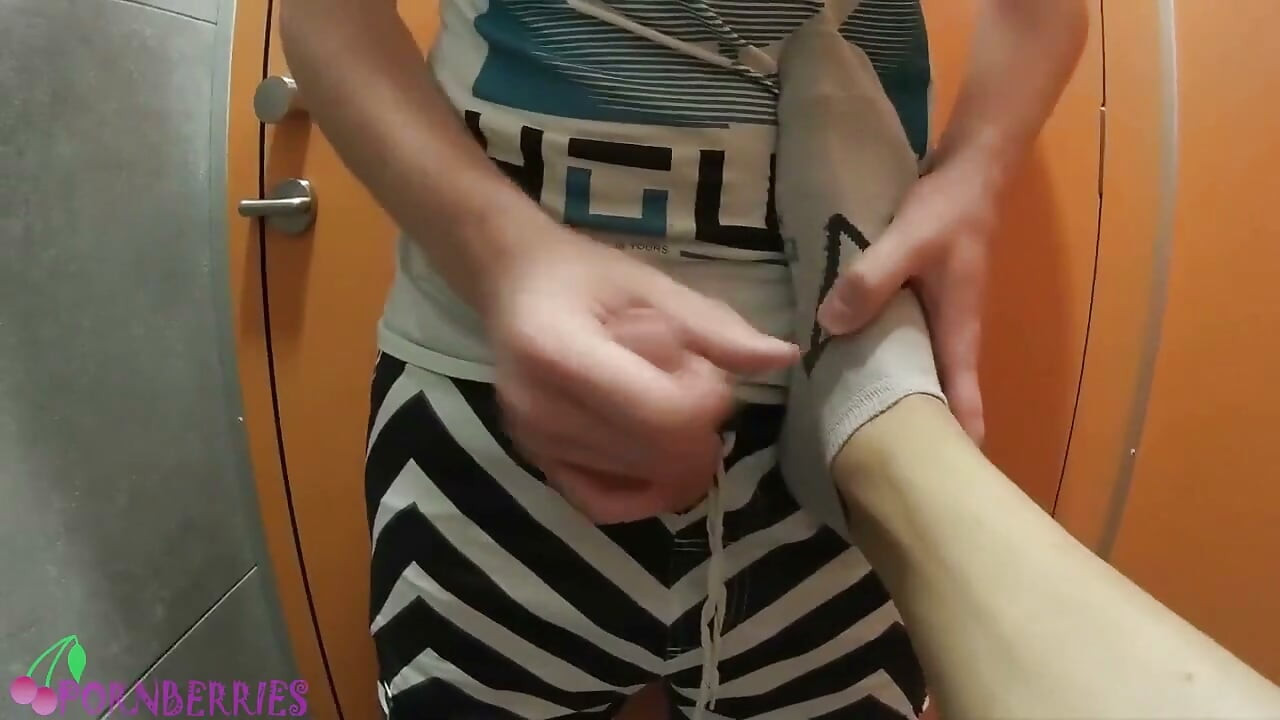Jerk off on twinks ass in public toilet