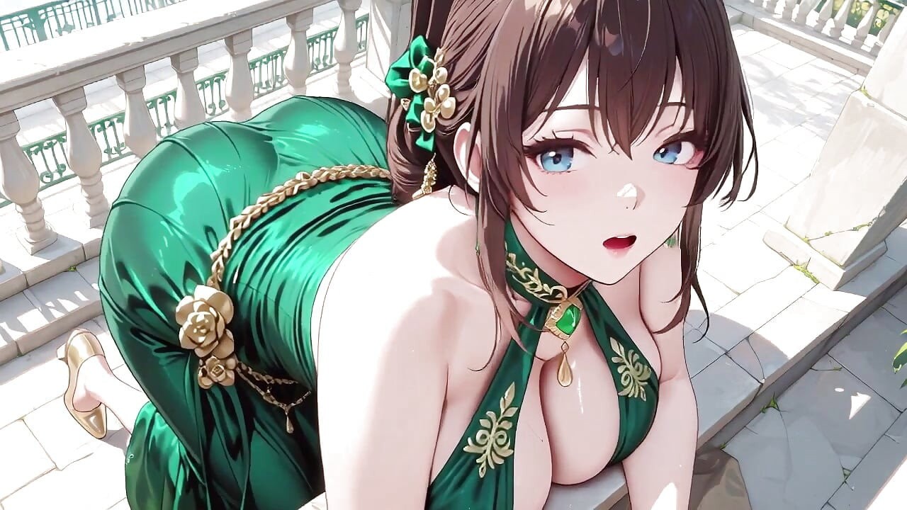 From sun-drenched balconies to starry terraces, she wears a stunning green halter gown that screams elegance and tease.