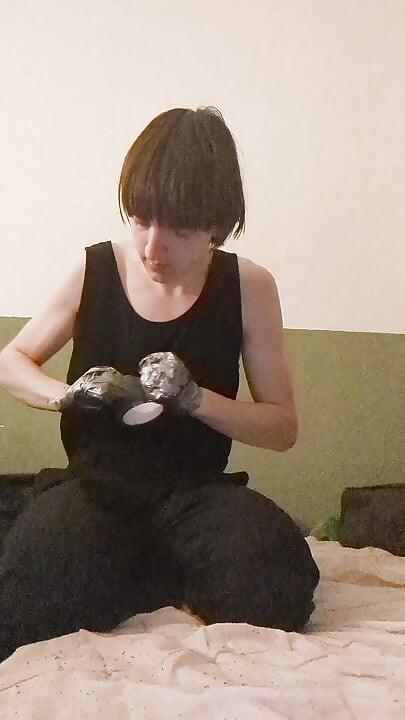 selfbondage mittens and dildo sucking