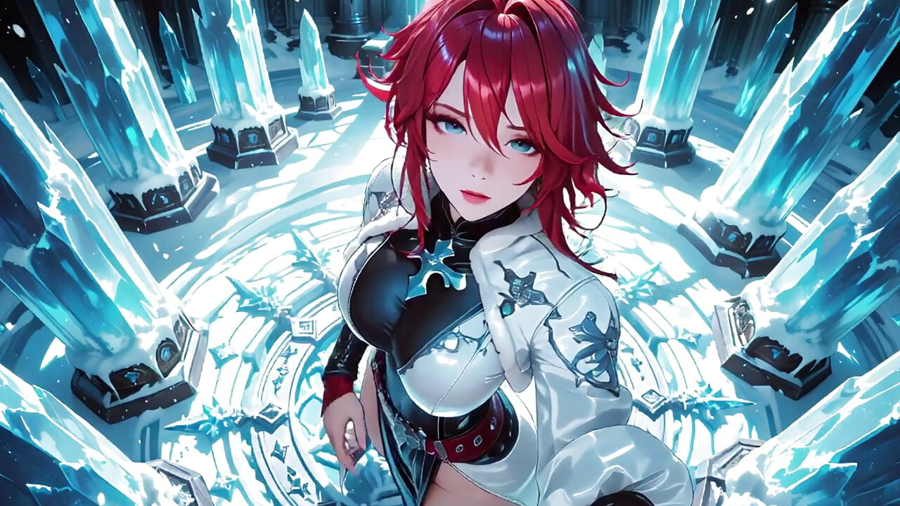Red-haired Sorceress makes a stunning entrance in the Crystal Hall, robe slightly open and staff tapping seductively.