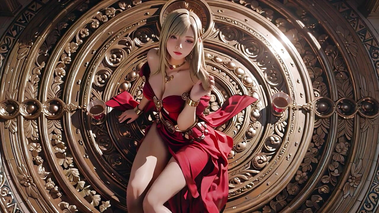Blonde Queen In Red! Седи до фонтана, оправяйки цепнатата си рокля... Очите й са приковани в теб.