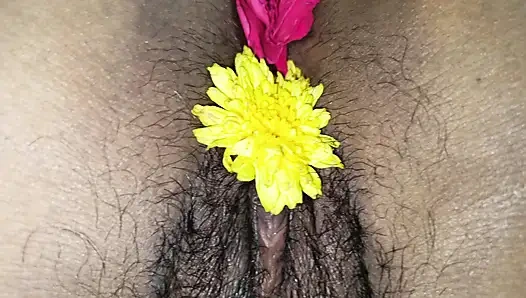 Hot romance with flowers in cute and wet pussy