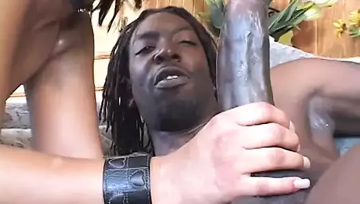 Black hunk with a long dick gets a black beauty fuck his cock after BJ