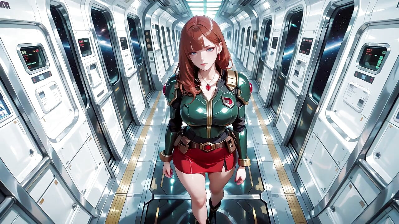 Inside the Sci-Fi Train, she wears a tight green armor, touching her red lips while gazing at the galaxy through the porthole.