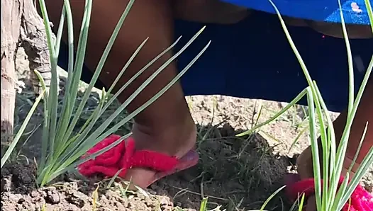 Heiße stiefmutter ging in einem kleid ohne höschen in den garten und nachbarin filmte