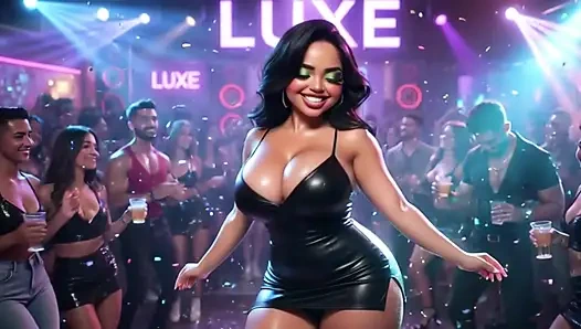 Schöne frau genießt aufregende nacht im lebhaften club, tanzt, küsst männer und wird komplett nackt auf allen vieren