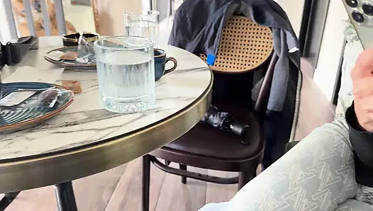 Drinking coffee in a see through shirt exposing pierced nipples in public cafe while my husband touches my boobs
