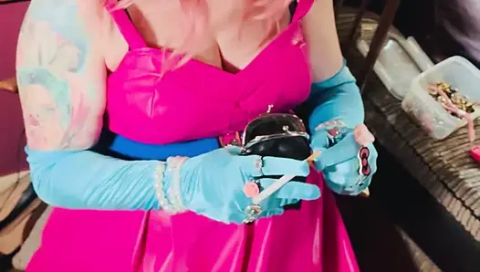 It's A Sin! Tina Snua In Leather & Satin Gloves Smokes A Cork Cigarette - OMI OME Snap Inhales Drifting Smoke Smoker