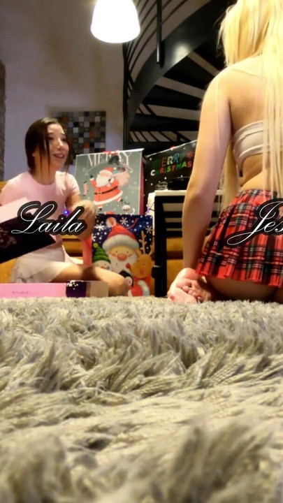 Amazing new year party with two petite hot college girls in different costumes to play with a cock and balls | Clip 1