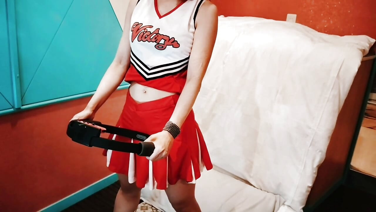 A cute busty married woman exercises 2 in a sexy cheerleader costume. Home made amateur Private Shoot
