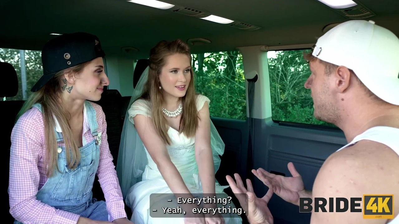 BRIDE4K. Threesome with sexy teen bride with natural tits in the car