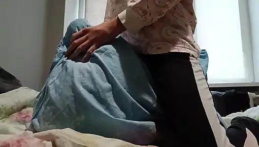 Super Skinny Girl Rubs Her Pussy on a Pillow and Cums Quickly so Her Parents Don't Catch Her