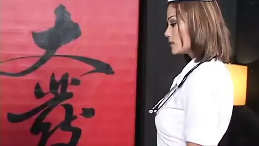 Asian nurse sucks a thick dong and fucks it in bed