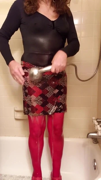 Powerful moment from "Cd, outdoors pantyhose puddle play and shower off dressed up after."