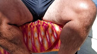 Sitting in my back yard getting a tan while showing off my cock and Gf's barefoot sandals