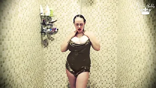 Dripping wet in clothes on shower & seductive hair washing