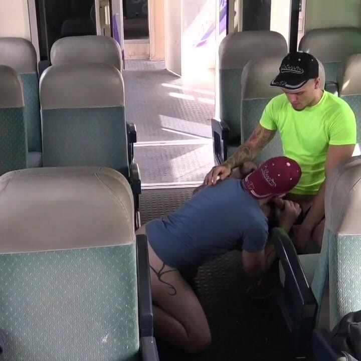 Jess fucked bareback by straight in train