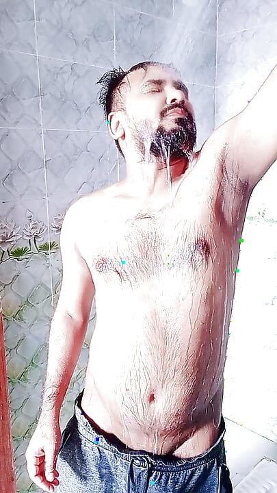 Bathing naked in a fountain
