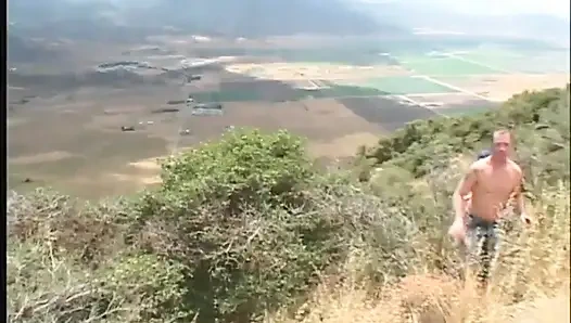 Outside threesome double penetrated ass fucking cum in mouth