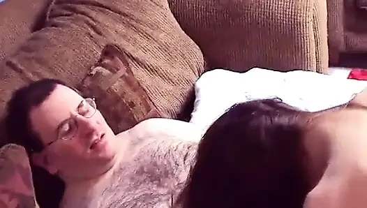 Hairy white dude sticks skinny strumpet as lesbians muff dive on the couch