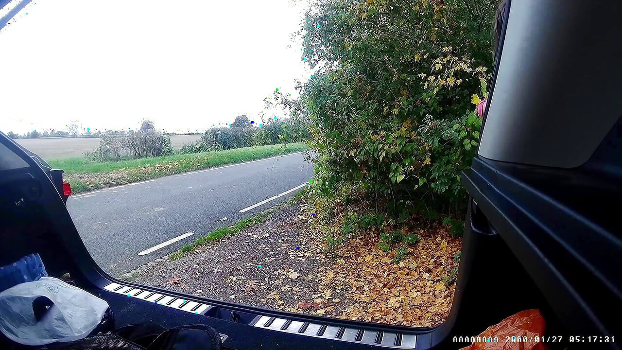 Change at side of road with passing cars, little cum shot at end