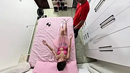 Stepfather takes off his carnival costume and ejaculates in her mouth.