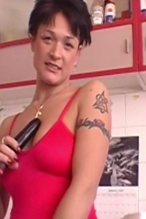 Oljad brunett leksaker hårig fitta med dildos