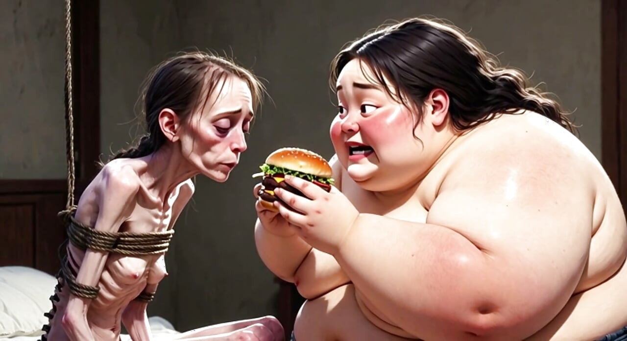 Skinny Girl Getting Fed by Huge Fat Woman - Contrast Feeding Fetish