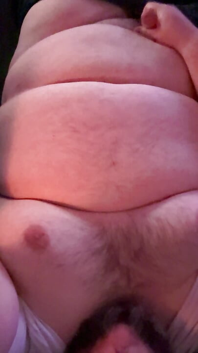 Fat Super Chub Jacks Off and Cums on Stomach While Chubby Chasers Watch