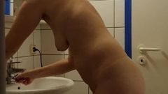 MILF with big ass, mature tits and hairy cunt in bathroom