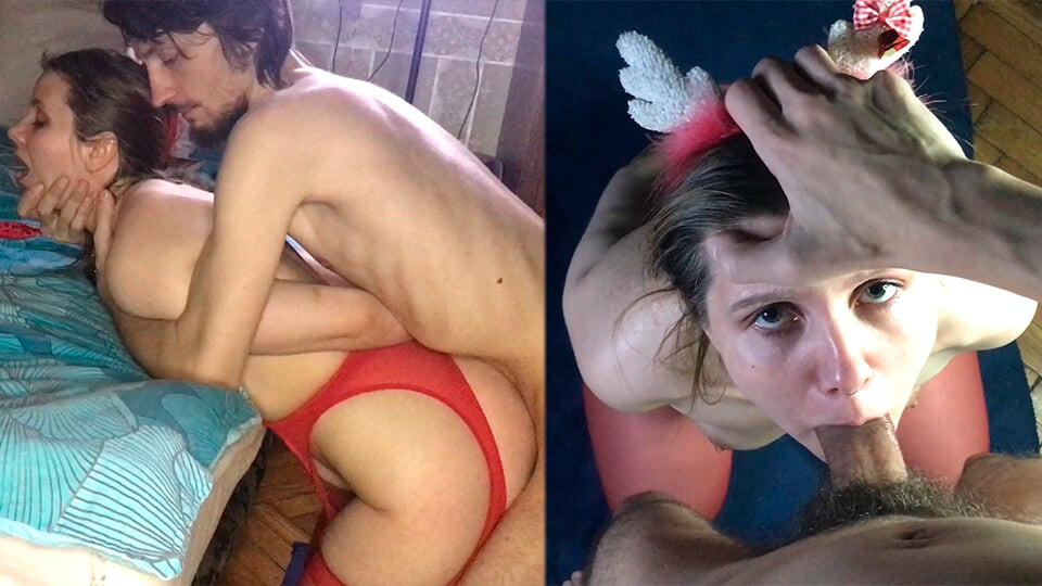A facial for a Christmas MILF who obediently deep-throats two long cocks - Lovessie